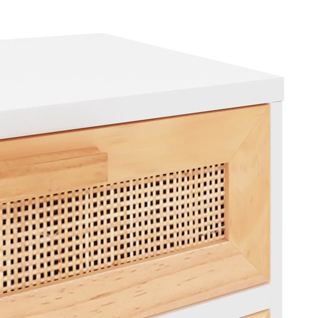 Comodino | Armadio da Notte | Mobiletto da notte Bianco in Legno Massello di Pino e Rattan Naturale