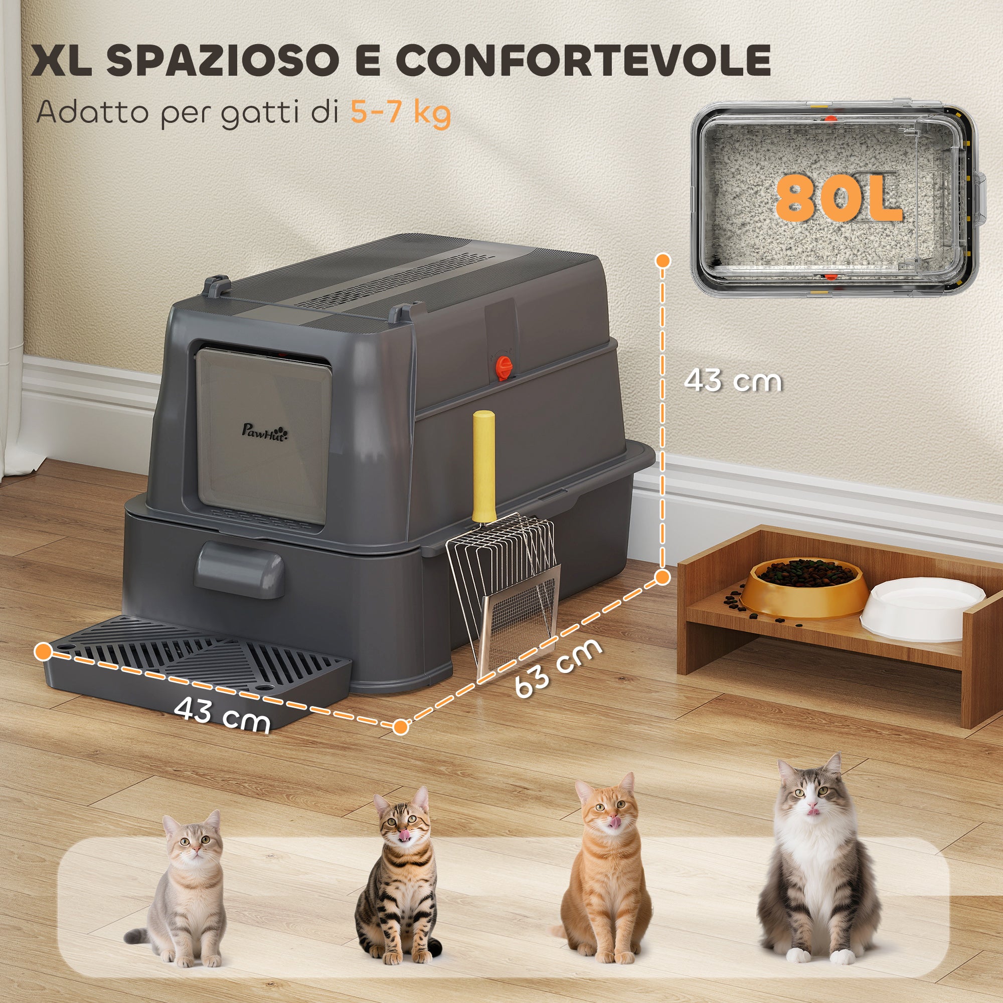 Lettiera per Gatti Chiusa 63x43x43 cm Capacità da 80L con Vassoio Estraibile in ABS e Acciaio Inox Grigio Scuro