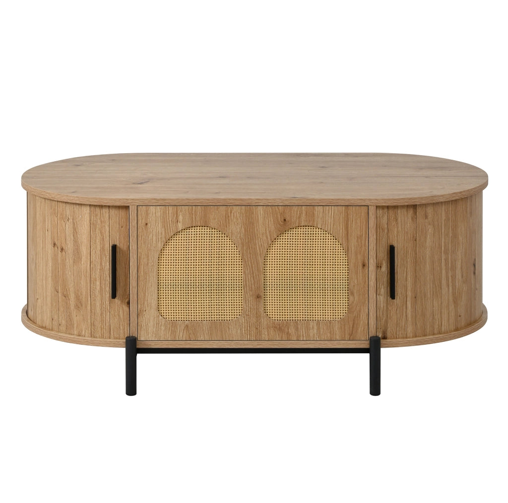 Tavolino da salotto ovale 100x50x40 cm con ante scorrevoli e vano contenitore; MDF naturale