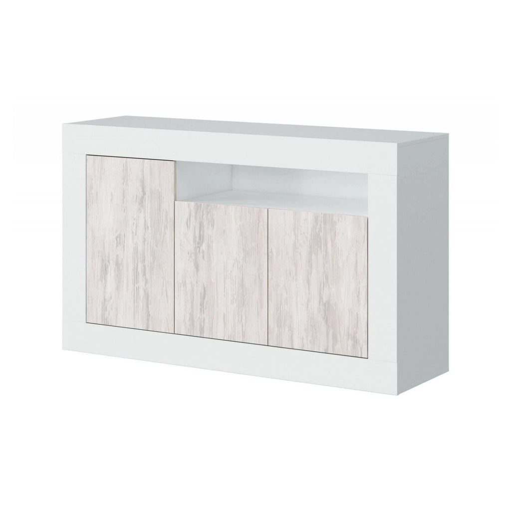 Credenza Ilizia, Madia moderna a 3 ante, Buffet da soggiorno porta TV, cm 144x42h87, Bianco
