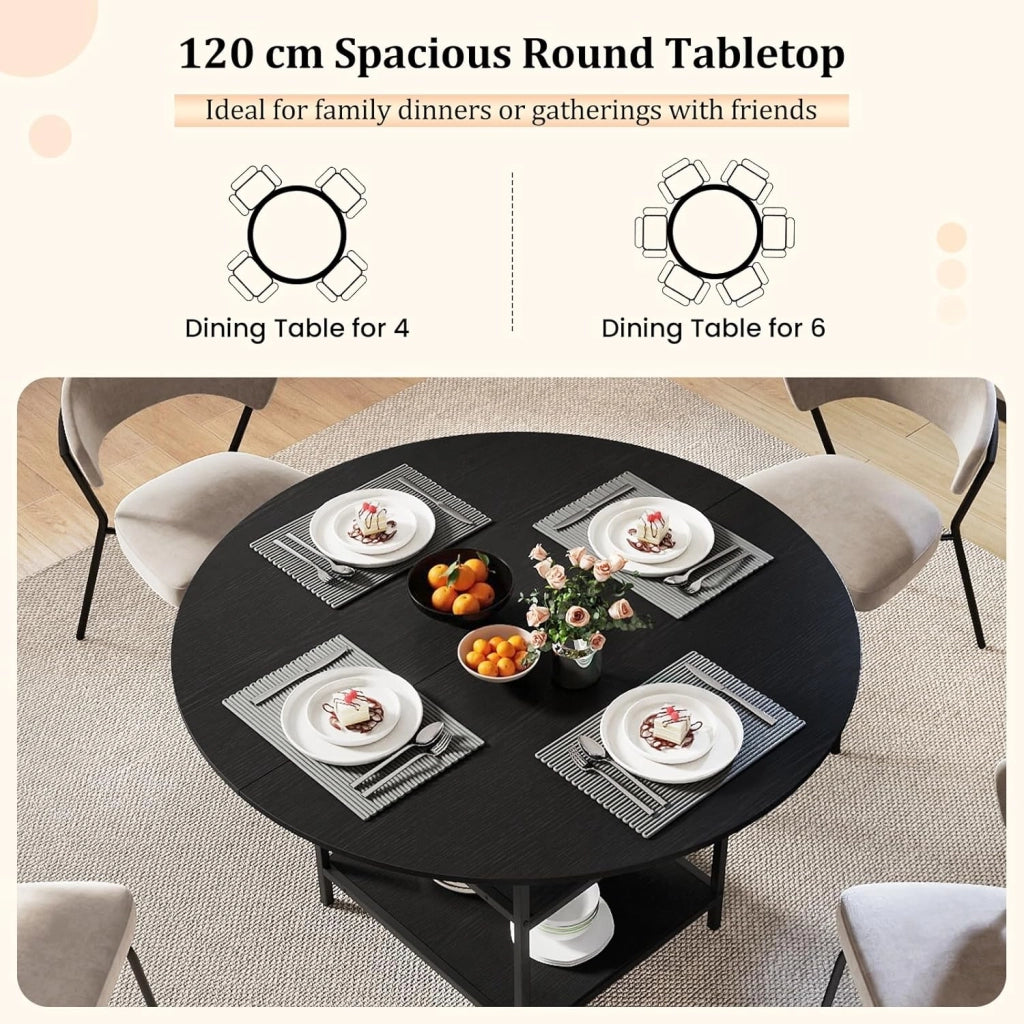 Tavolo da Pranzo Rotondo Ø 120 cm, adatto per 4-6 Persone, con 2 Ripiani, Piano Effetto Legno e Struttura in Metallo, Stile Industriale, Ideale per Cucina e Sala da Pranzo