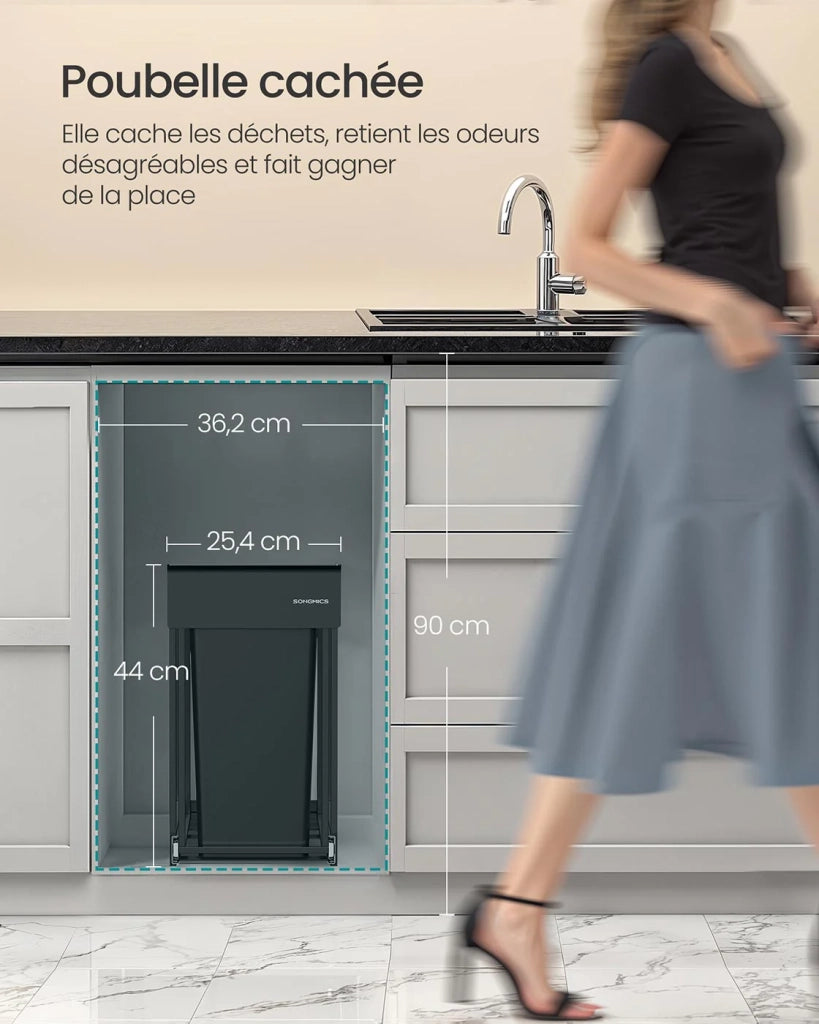 Pattumiera per la raccolta differenziata pattumiera estraibile da cucina con due secchi da 15 litri meccanismo di scorrimento fluido struttura in acciaio coperchio in ABS nero 12_0007265