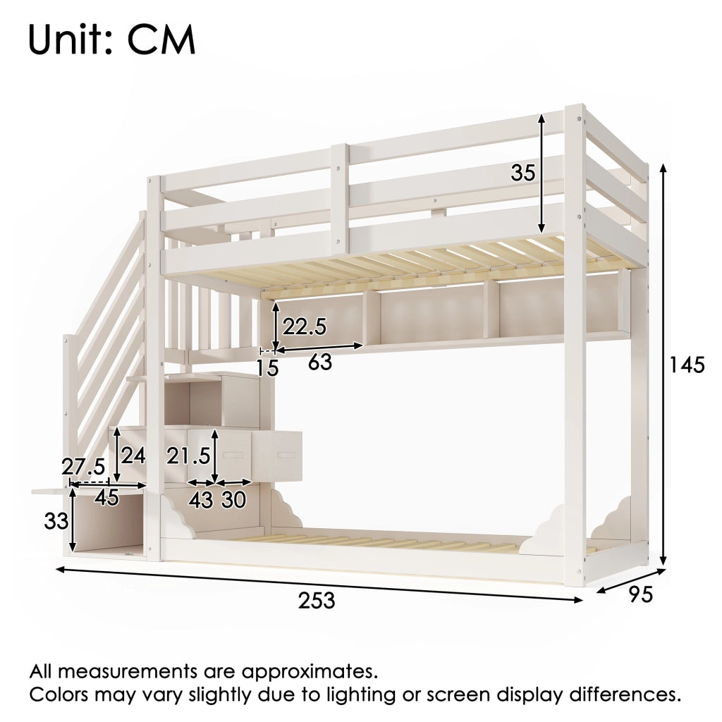 Letto a Castello 90x200 cm e 90x200 cm - Scala Contenitore e Mensole - Bianco