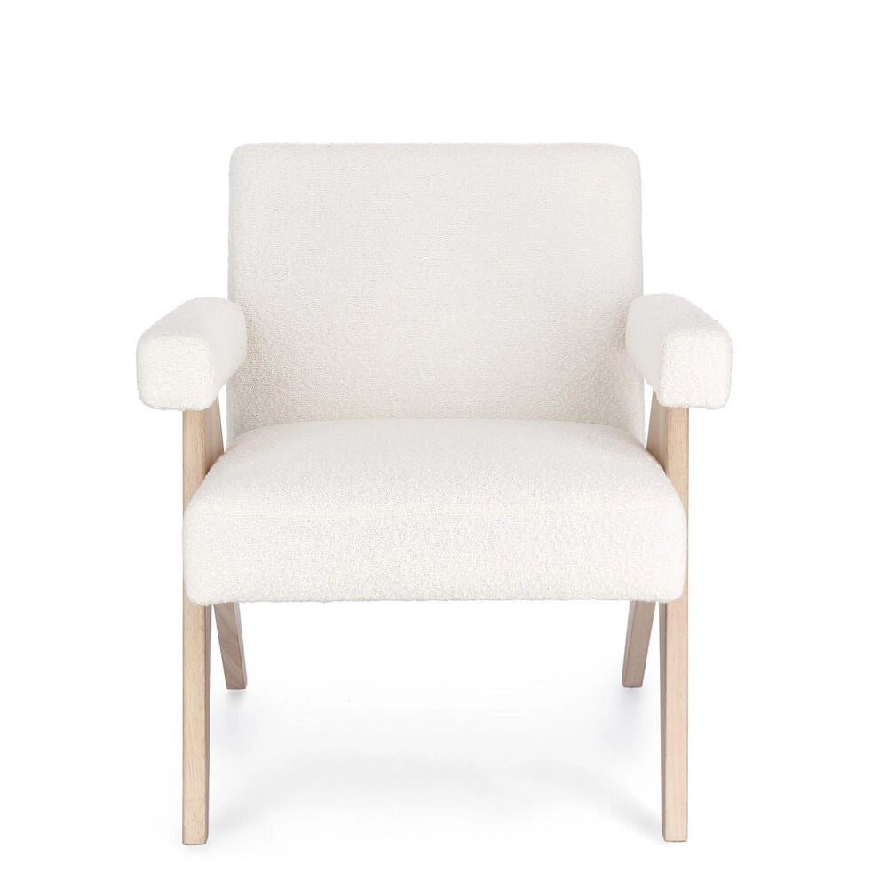 Poltrona con Braccioli in Tessuto Bouclé e Gambe in Legno - YVONNE