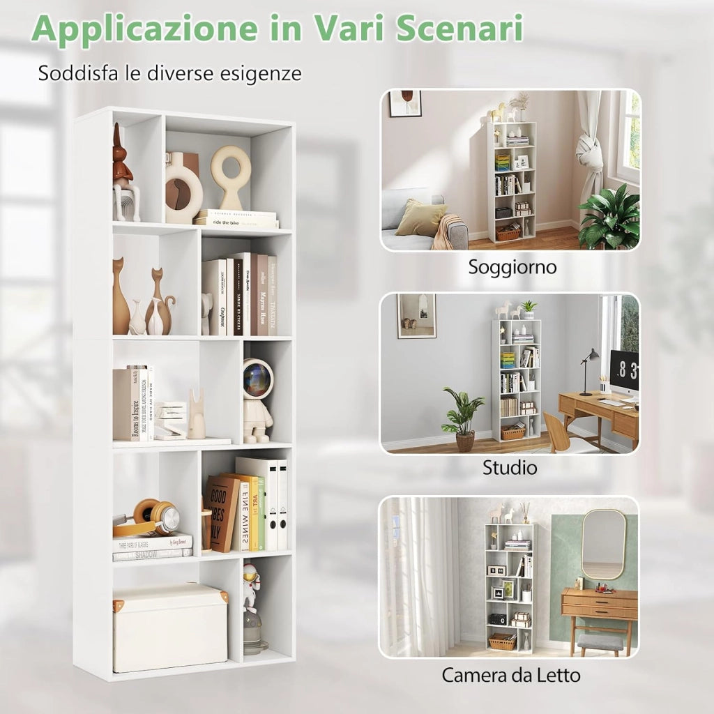 Libreria Geometrica a 5 Piani, Scaffale in Legno con 10 Scomparti, Mensola Espositiva a Pavimento, Scaffale Autoportante per Studio Soggiorno Camera da Letto, 60x25x160 cm
