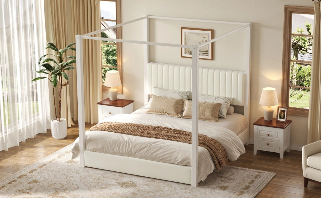Letto matrimoniale 180 × 200 cm con struttura a baldacchino, testiera imbottita, senza materasso, in MDF e metallo, beige e bianco