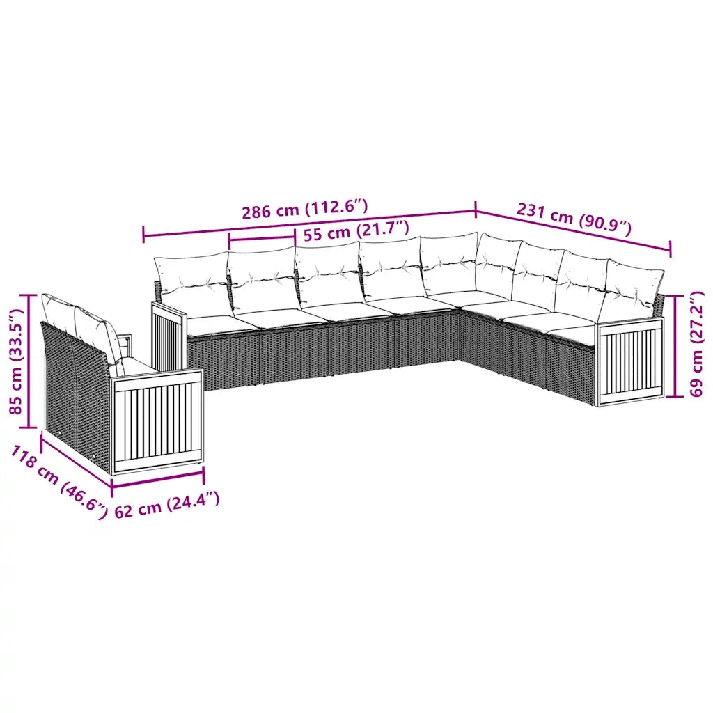 Set Divani da Giardino 10pz con Cuscini in Polyrattan Nero