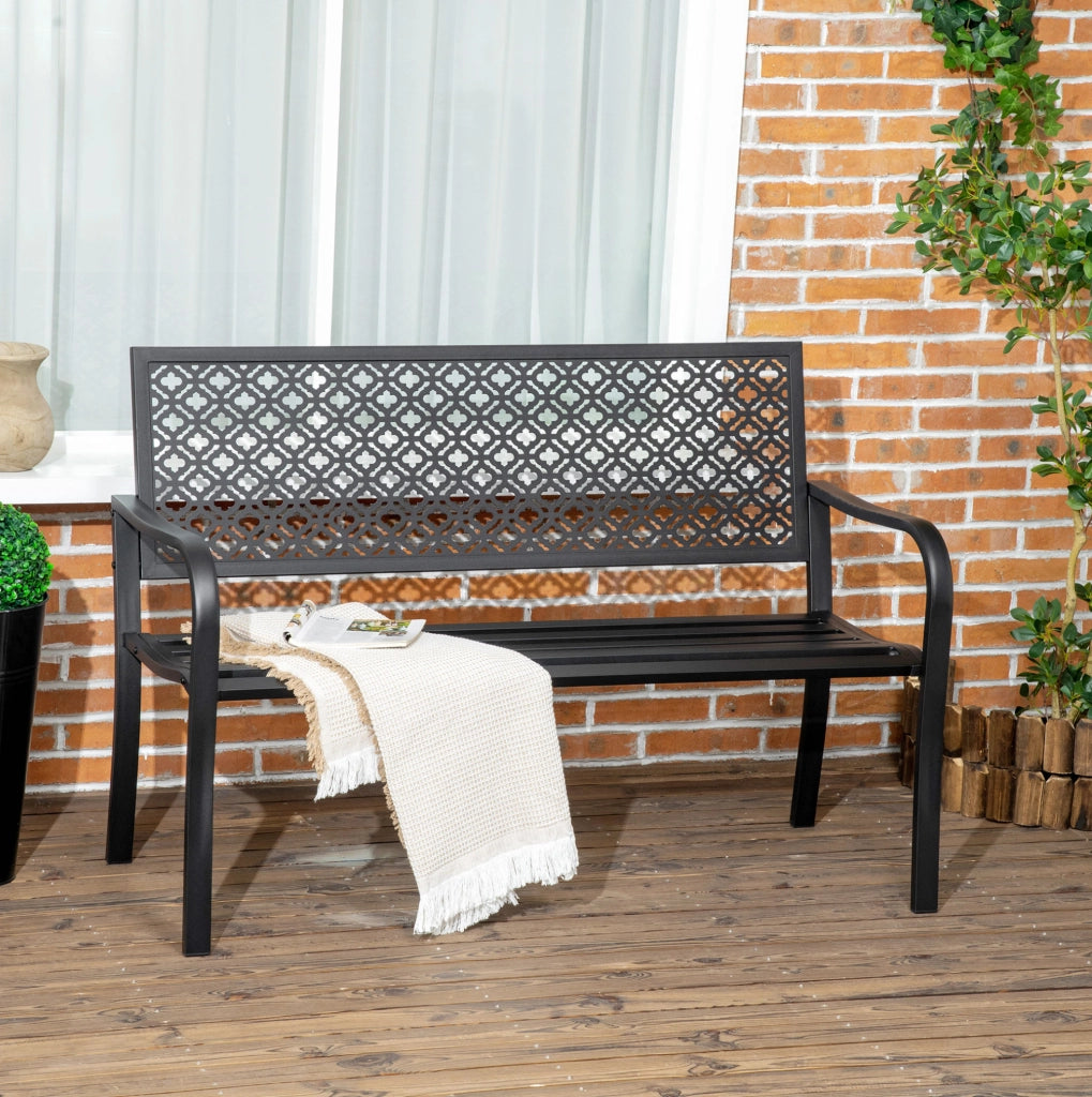 Panca da giardino 2 posti 127 x 63 x 83 cm in acciaio nero con schienale e braccioli