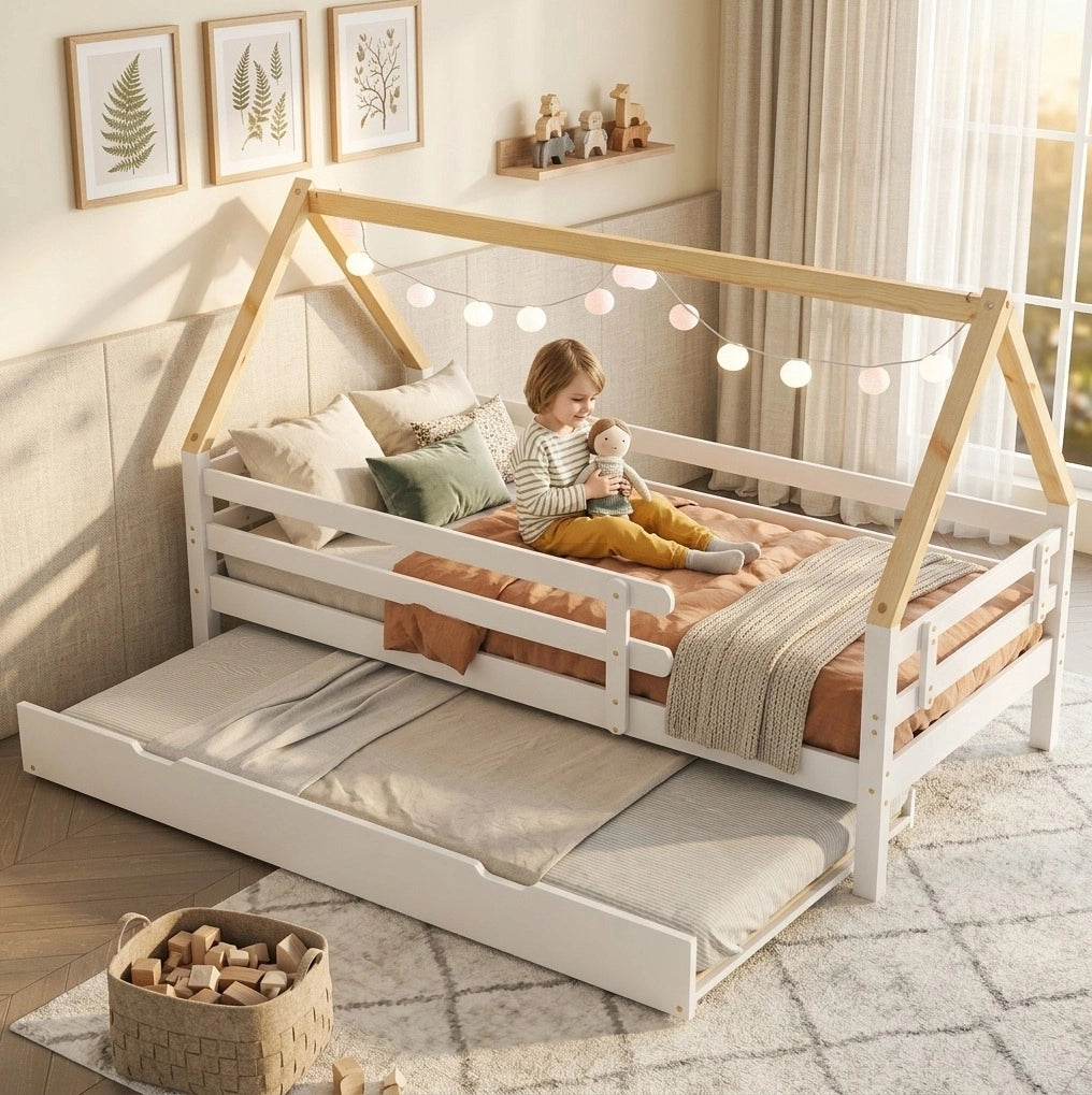 Letto a casetta singolo con letto estraibile su ruote; 90x200 cm; bianco e naturale