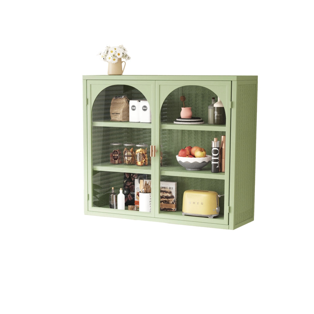 Armadio da Parete con 2 Ante in Vetro e 3 Ripiani; Mensola Rimovibile; Motivo Intrecciato; Stile Moderno; in Metallo; 70 cm; Verde