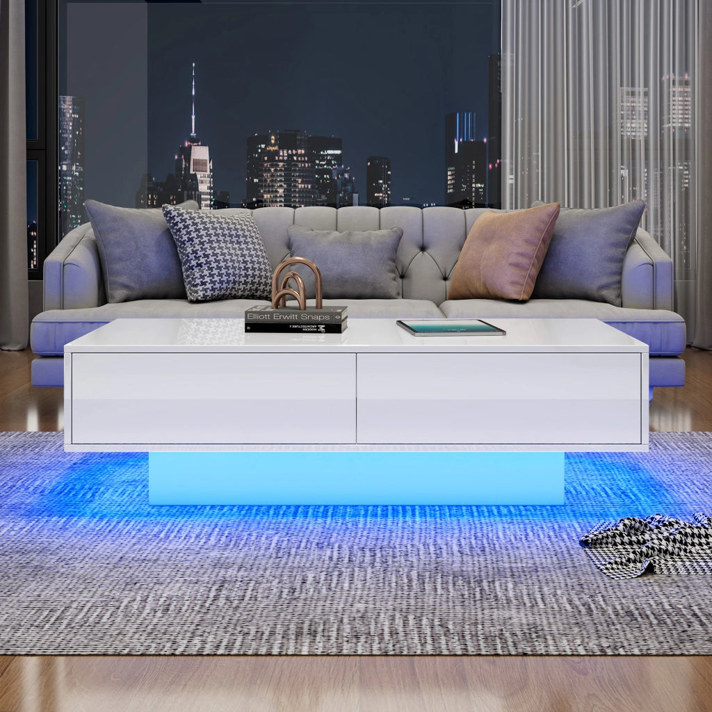 Tavolino da caffè 115x55x34 cm; LED integrata e 2 cassetti; finitura lucida; truciolare bianco