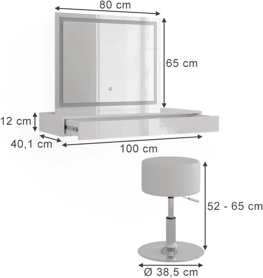 Tavolo da toeletta Sherry, Bianco, 100 cm 3 parti, con specchio fisso integrato per l’uso quotidiano
