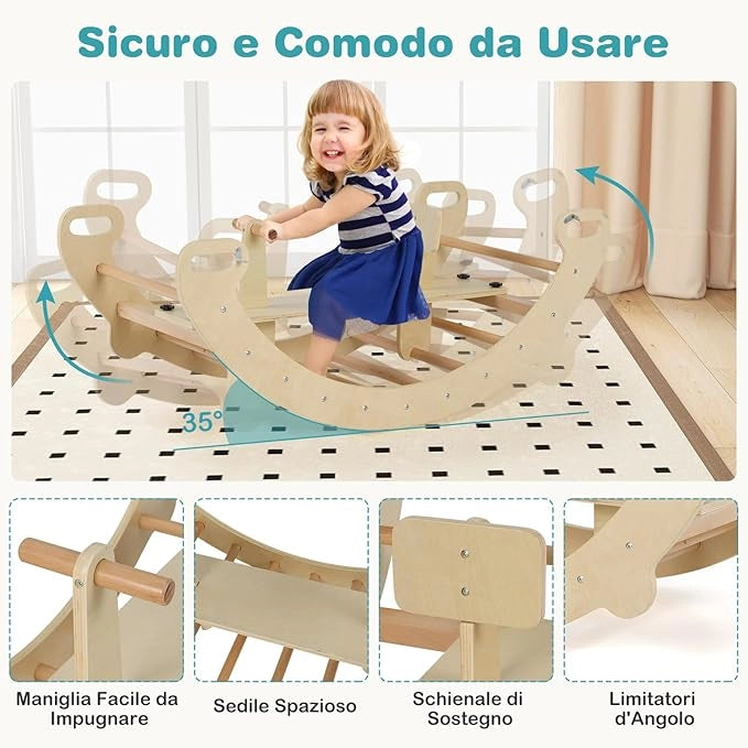 4 in 1 Arrampicata per Bambini, Arco Cavallo a Dondolo Multifunzionale in Legno, Dondolo a 35°, Ideale per Bambini 1-5 Anni, 112 x 52 x 44 cm (Naturale)