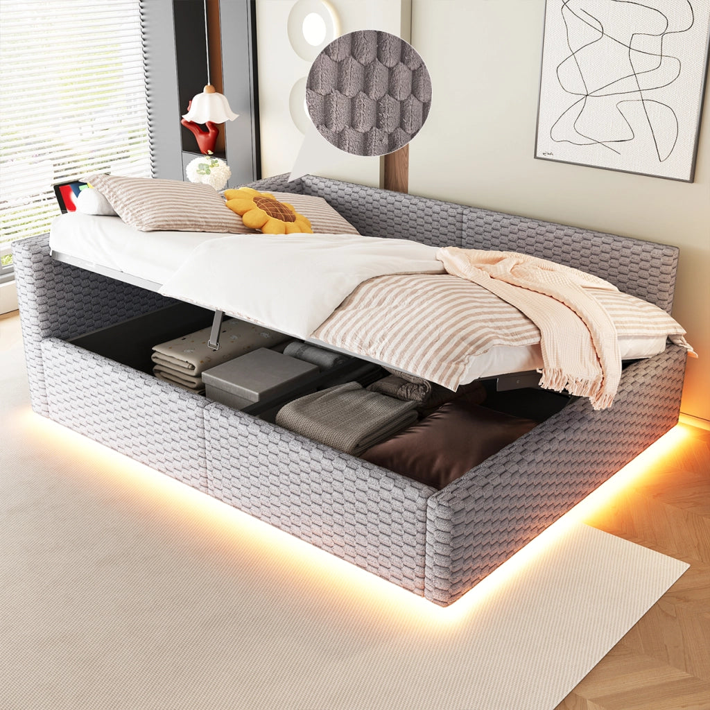 Letto Imbottito 140x200 cm in Velluto Grigio con Contenitore Idraulico; Luci LED e Prese USB
