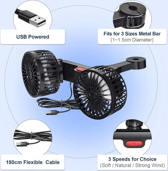 Ventilatore auto per supporti auto con 3 velocità, 360° ventilatore da tavolo portatile e silenzioso, compatto e potente.