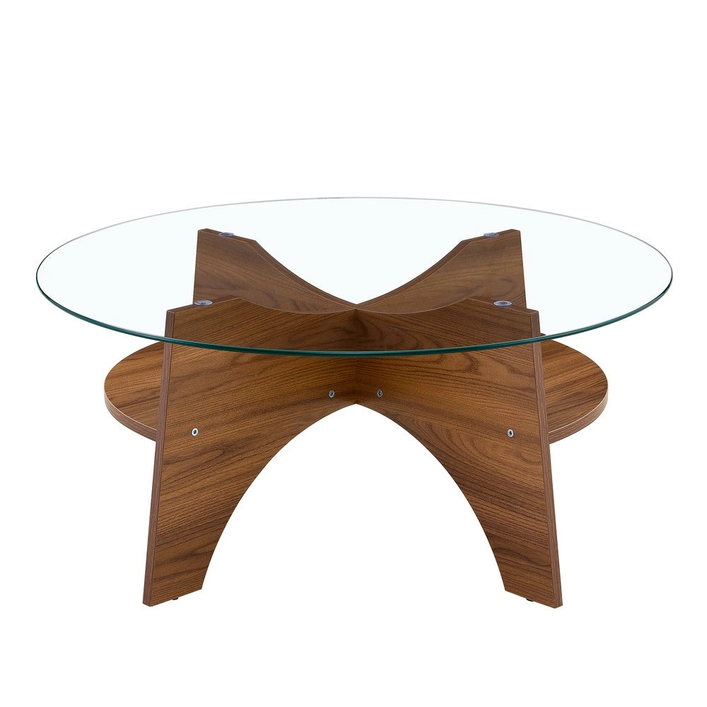 Tavolino Rotondo in Vetro Temperato ¨C MINIMAL ¨C Piano ?80 cm, Gambe MDF Effetto Noce