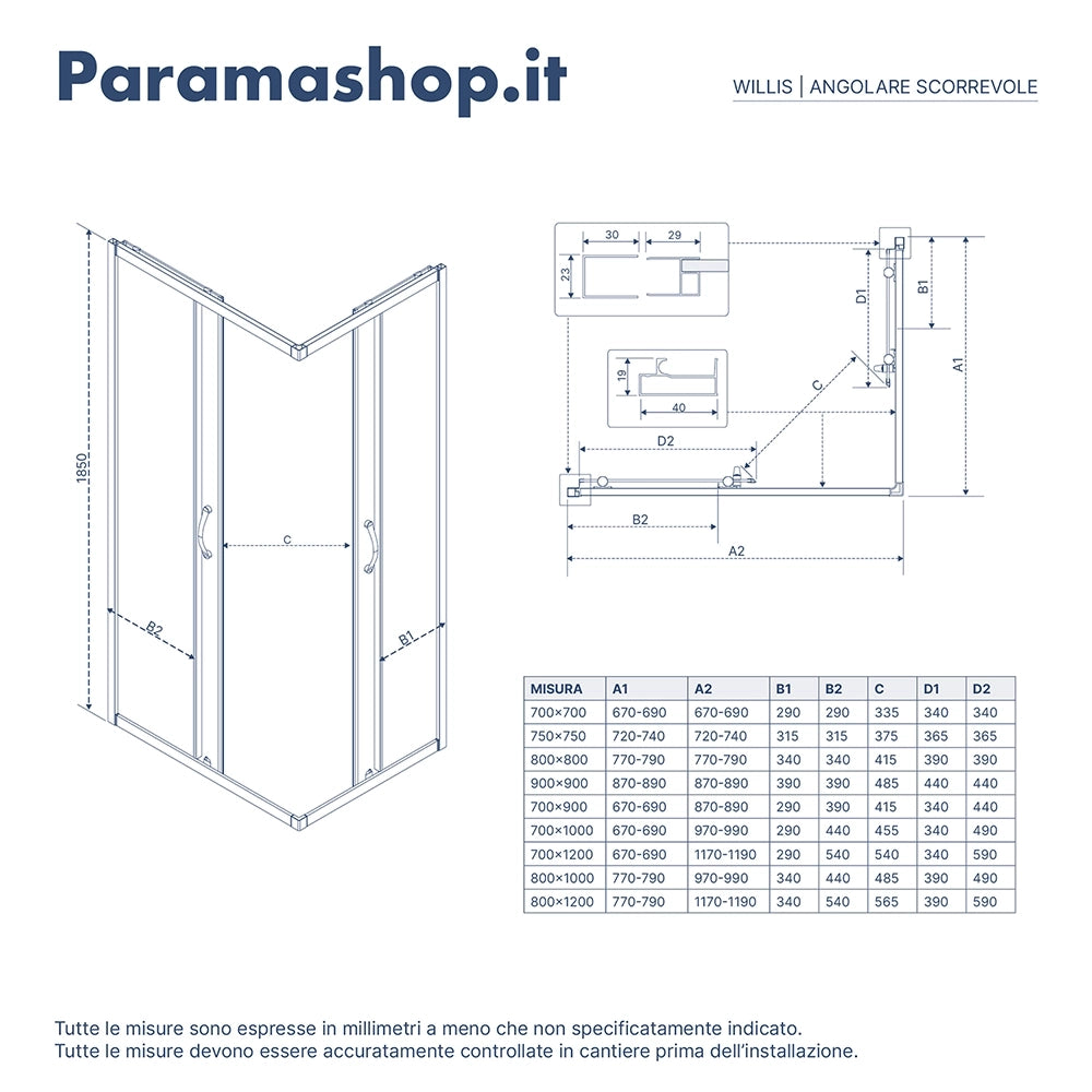 Box doccia angolare 70x90 cm trasparente 4 mm profili neri | Willis
