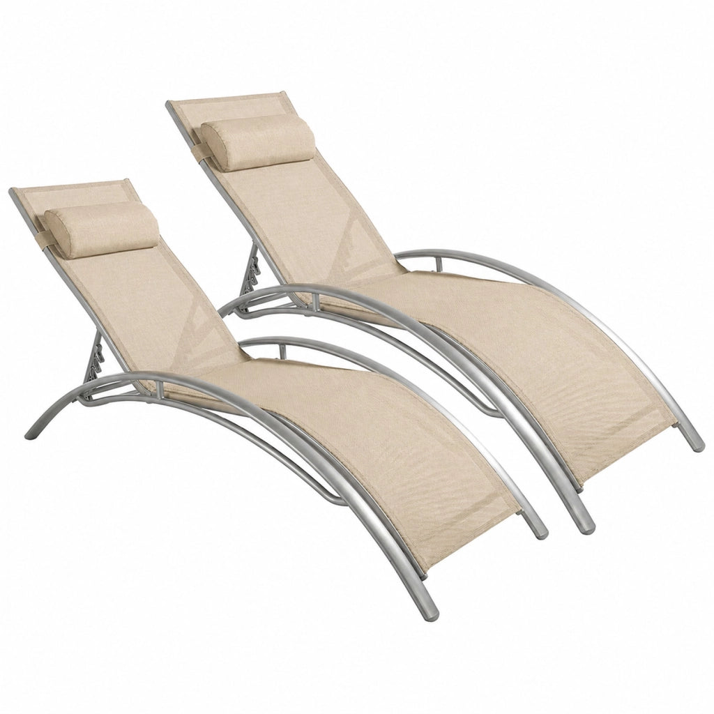Set 2 Lettini Prendisole Reclinabili Per Giardino Con Schienale Regolabile 5 Posizioni Tessuto Traspirante Per Piscina Terrazza Outdoor 59 x 158 x 81.5 Cm Beige