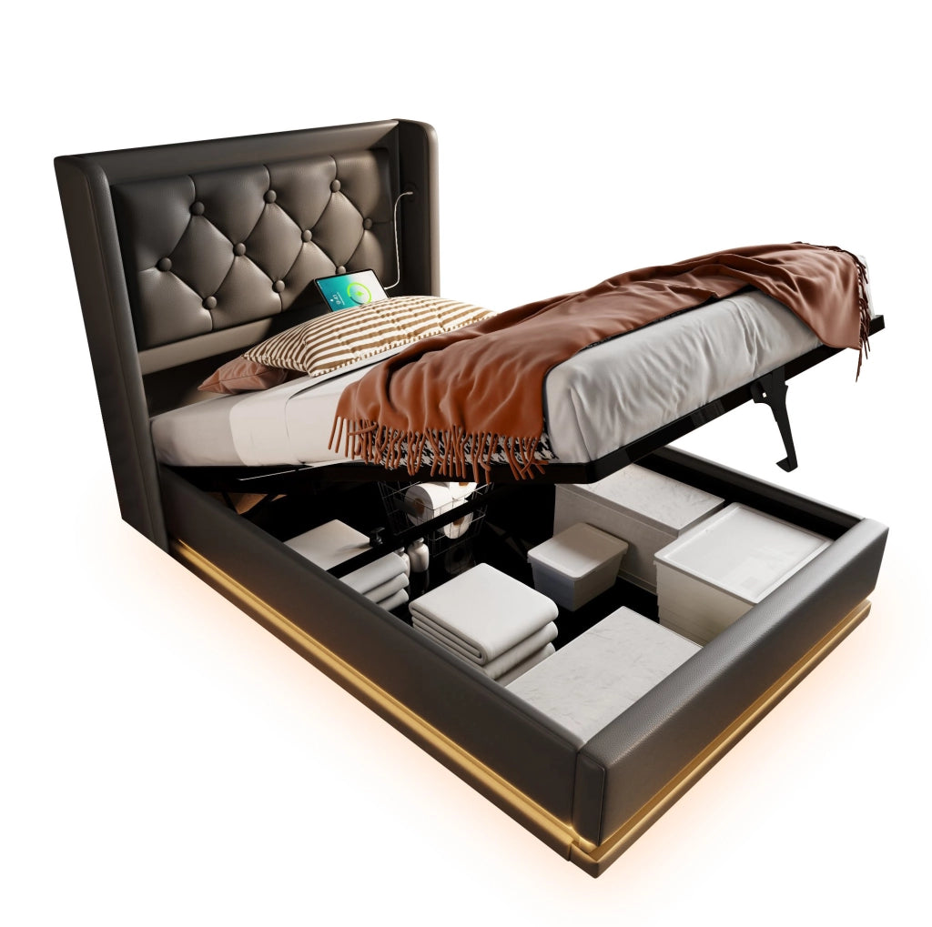 Letto contenitore 90x200 cm in PU nero con USB Type-C e LED a 3 lati
