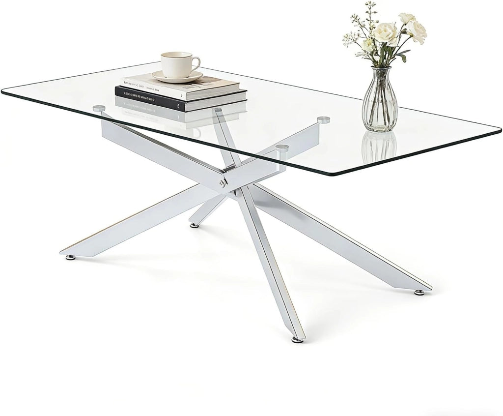 Tavolino da Salotto con Piano in Vetro Temperato, Gambe Incrociate e Piedini Regolabili, Tavolo Basso in Stile Industriale per Soggiorno, Camera da Letto, Ufficio, 120 X 60 X 45,5 CM (Argento)