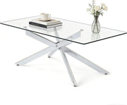 Tavolino da Salotto con Piano in Vetro Temperato, Gambe Incrociate e Piedini Regolabili, Tavolo Basso in Stile Industriale per Soggiorno, Camera da Letto, Ufficio, 120 X 60 X 45,5 CM (Argento)