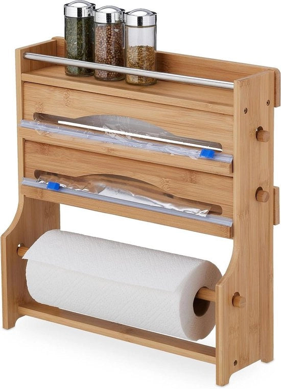 Supporto per rotoli in bambù per pellicola alimentare - supporto per rotoli in legno per pellicola alimentare - sostenitore per pellicola alimentare su stante - appendi erbe - Dimensioni: 40x40x115 cm
