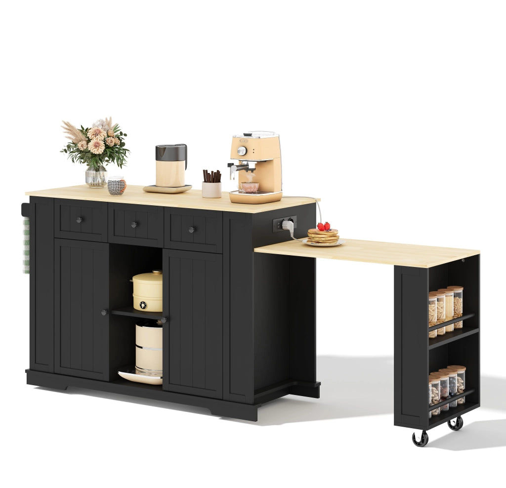 Isola cucina mobile con tavolo estraibile, prese AC e USB, 2 ante, 2 cassetti, 138(213)x55x93 cm