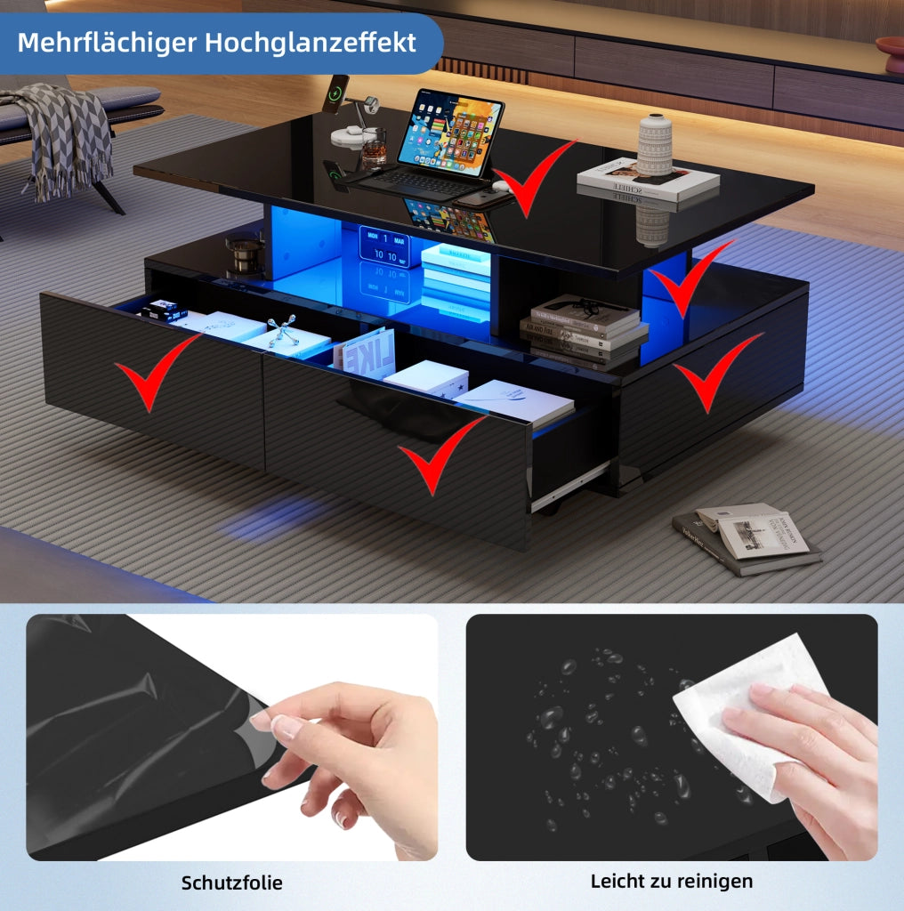 Tavolino da caffè moderno lucido con LED e 2 cassetti 90x55x41 cm; nero