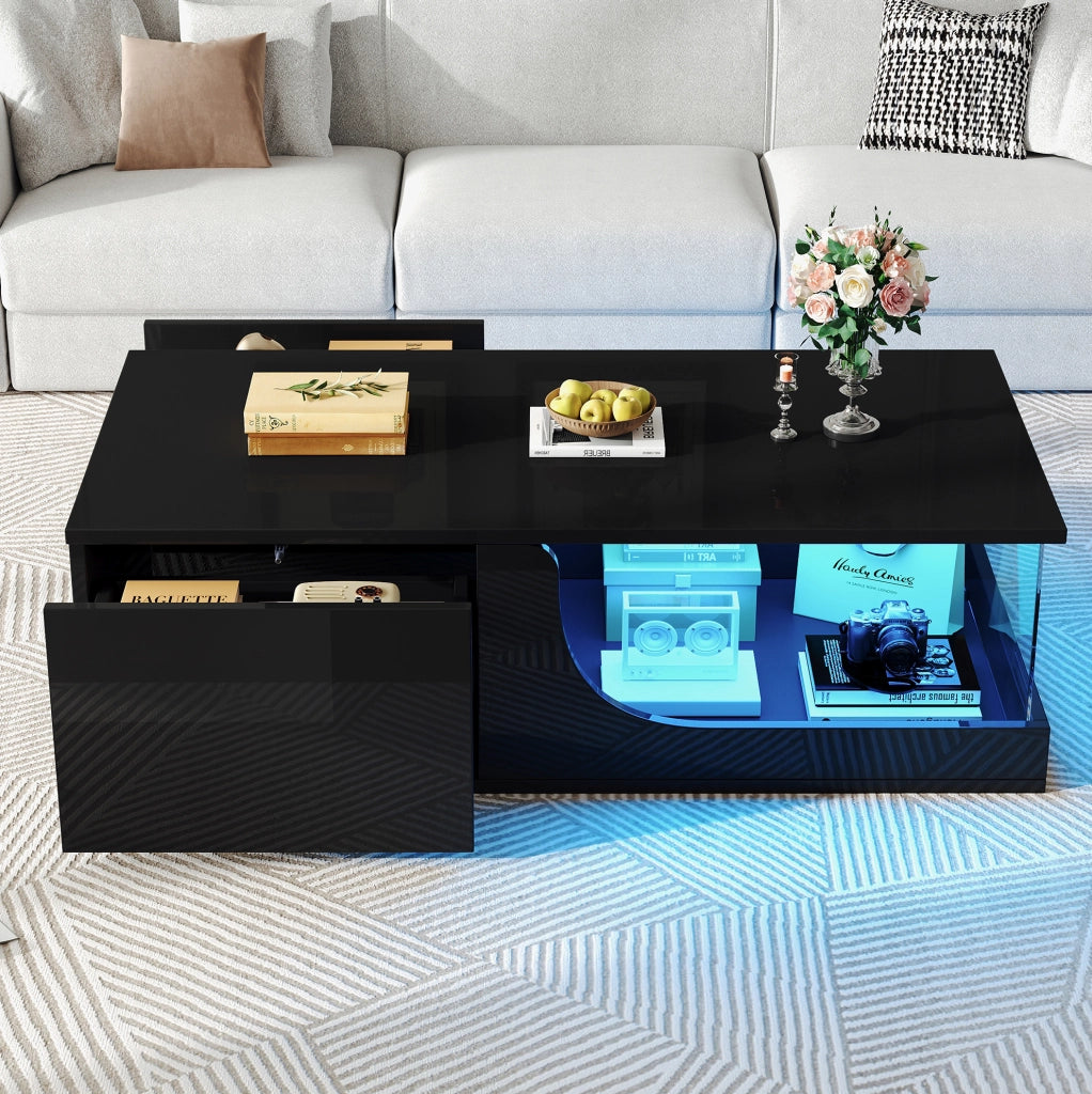 Tavolino da caffè con LED e 2 cassetti 100x50x30 cm in MDF e vetro temperato; nero
