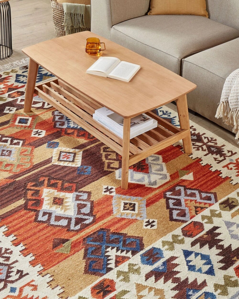 Tappeto Kilim multicolore in lana e cotone 160 x 230 cm Fatto a mano con motivo patchwork Boho e frange.