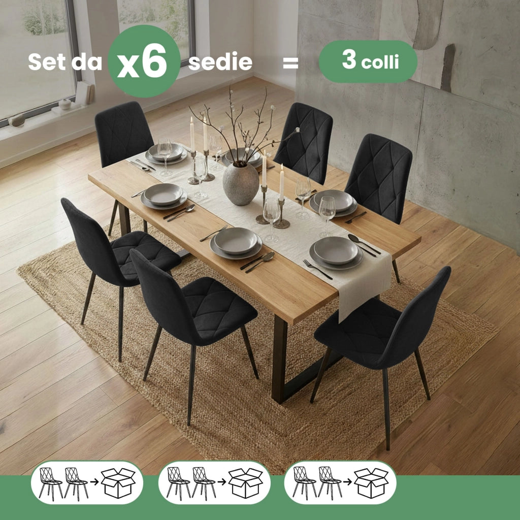 Set di 6 Sedie in velluto trapuntate MILO Nero gambe nere