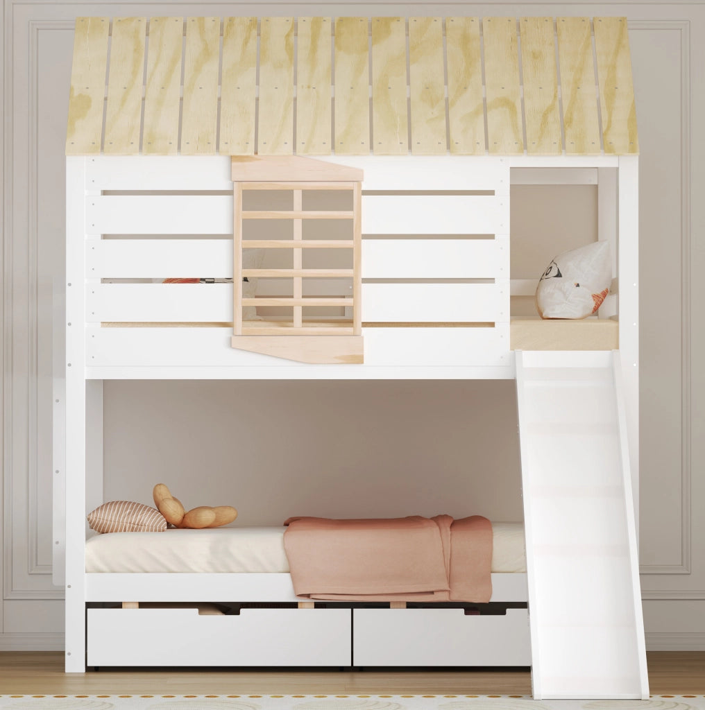 Letto a castello a casetta 90 x 200 cm con scivolo e 2 cassetti; bianco e naturale