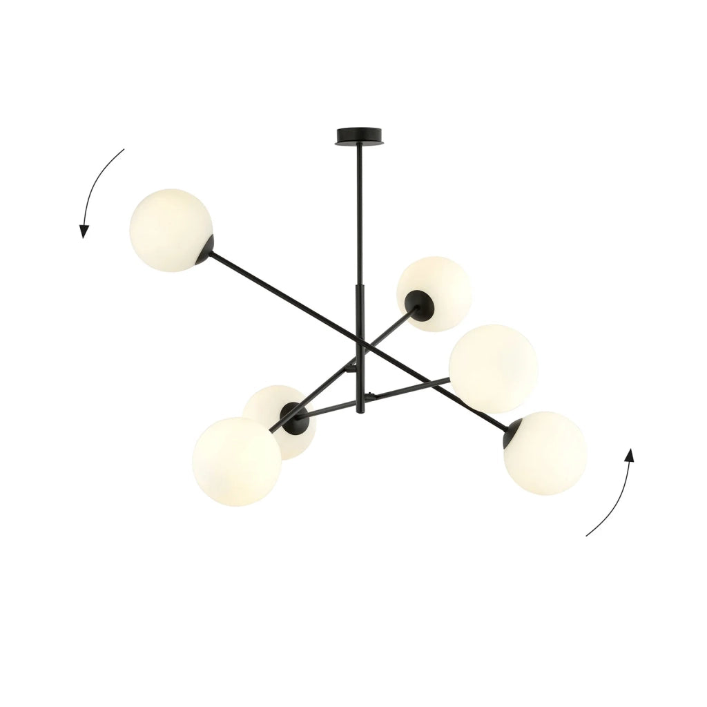 Lampadario 6 Luci Yama In Acciao Nero Con Bracci Regolabili E Vetro Opale