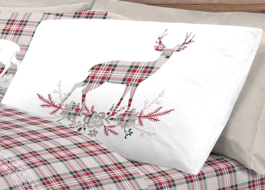 Completo Lenzuola Flanella Pensieri Delicati 100% Cotone Disegno Cervo Tartan - Piazza E Mezza - Rosso