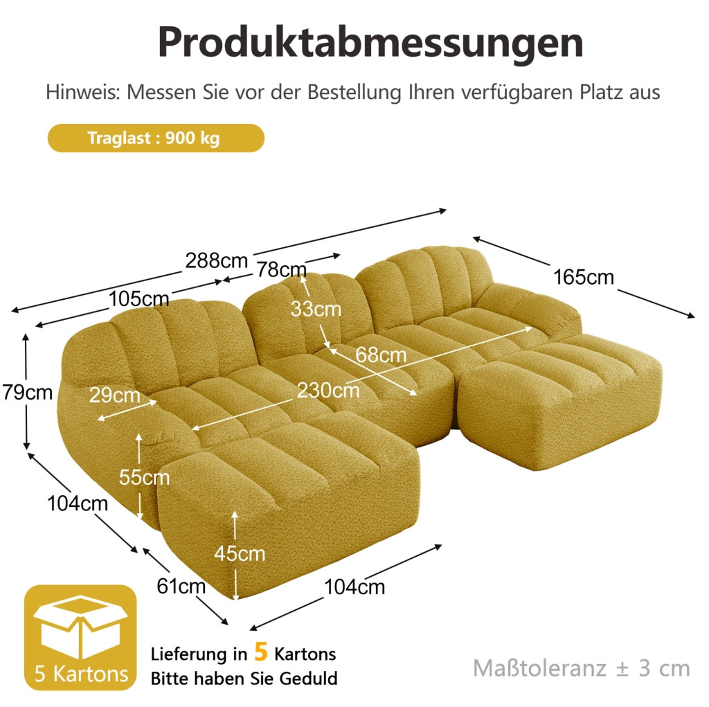Divano modulare ad angolo senza struttura 288x165x79 cm in fleece granulare giallo