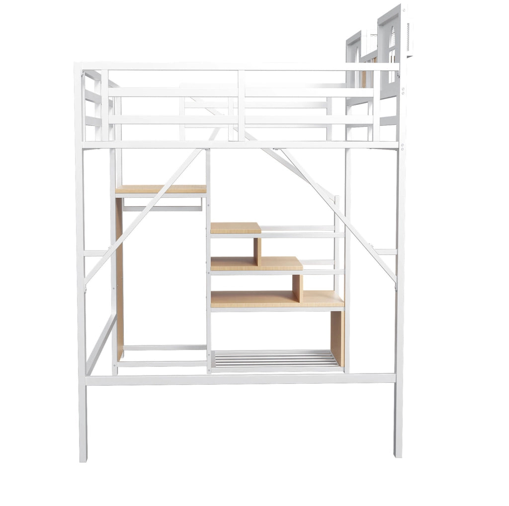 Letto a soppalco in metallo con scala contenitore; 140x200 cm; bianco; con ripiani