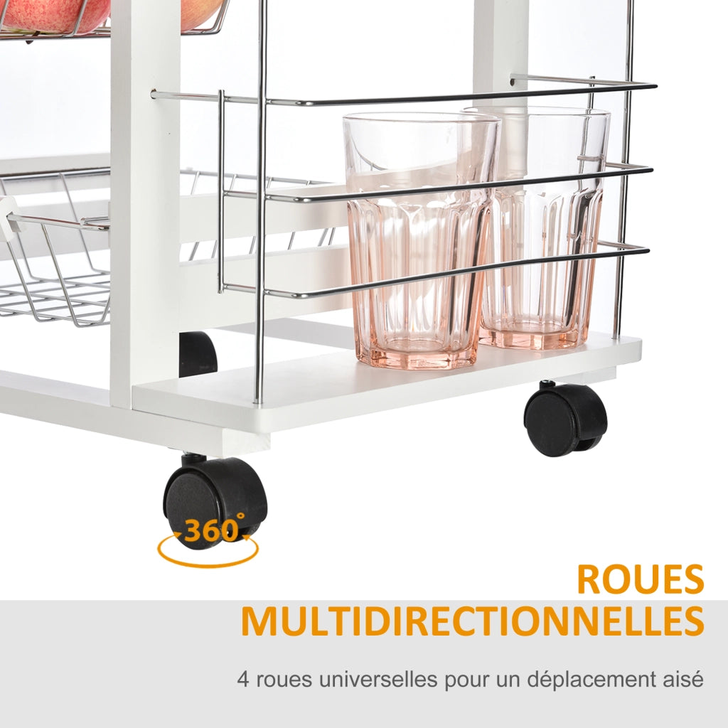 Mobile da cucina con ruote, cassetto, 4 cesti e ripiani laterali ¨C zephmum ¨C bianco 47x37x83 cm