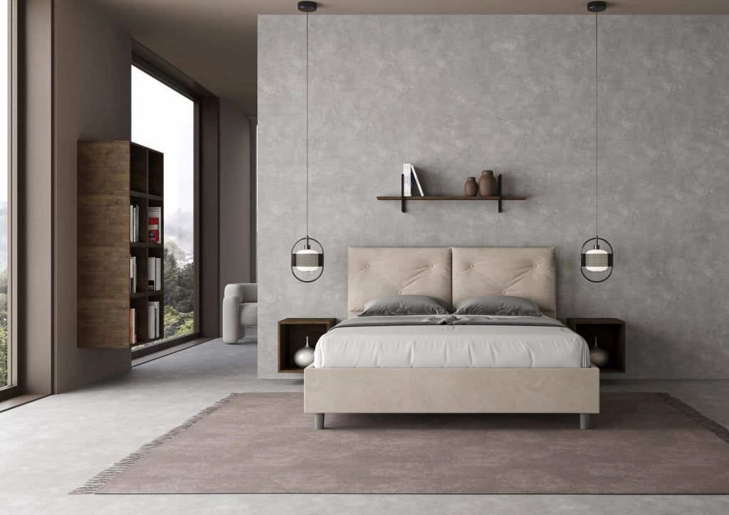 Letto Matrimoniale 160x200 cm con Rete e Contenitore Giroletto con Alzata Comoda Imbottito in Microfibra Appia Sabbia