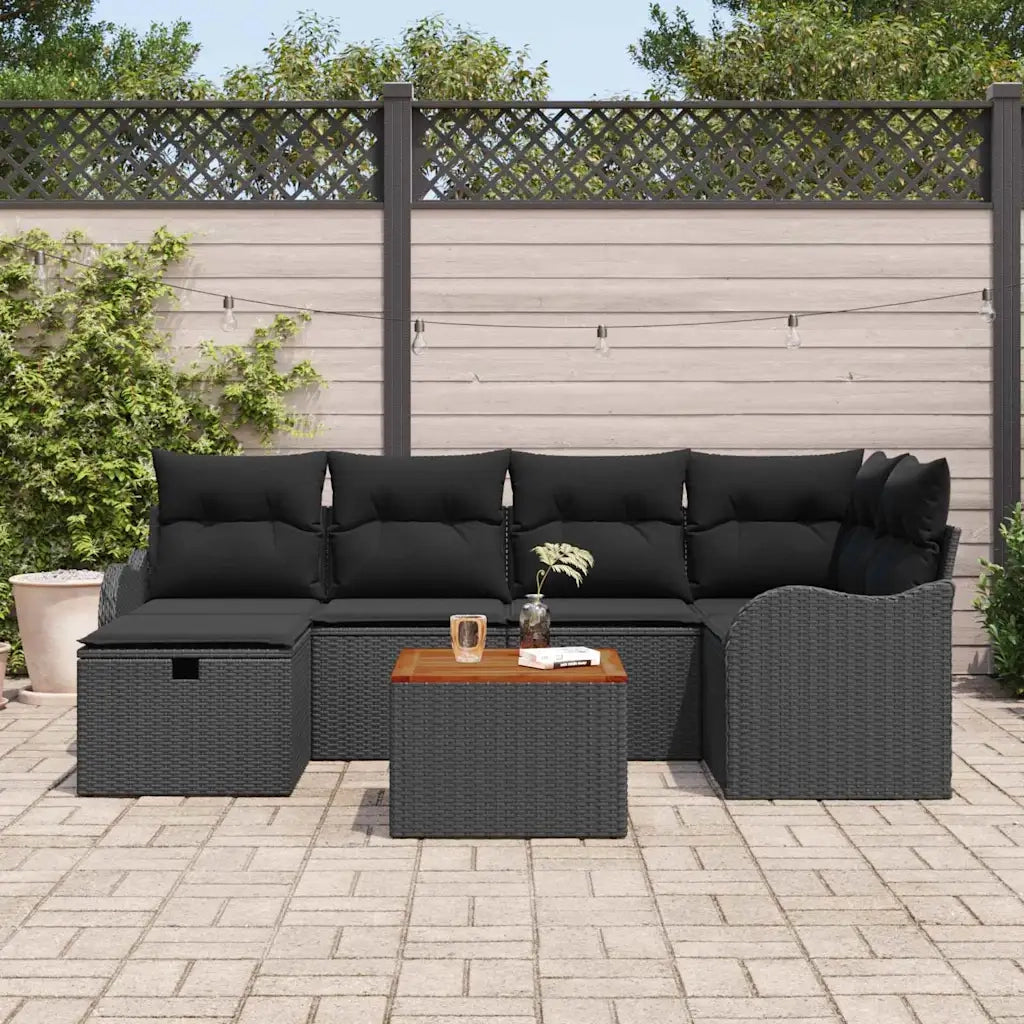 Set Divano da Giardino con cuscino 7 pcs Nero polyrattan