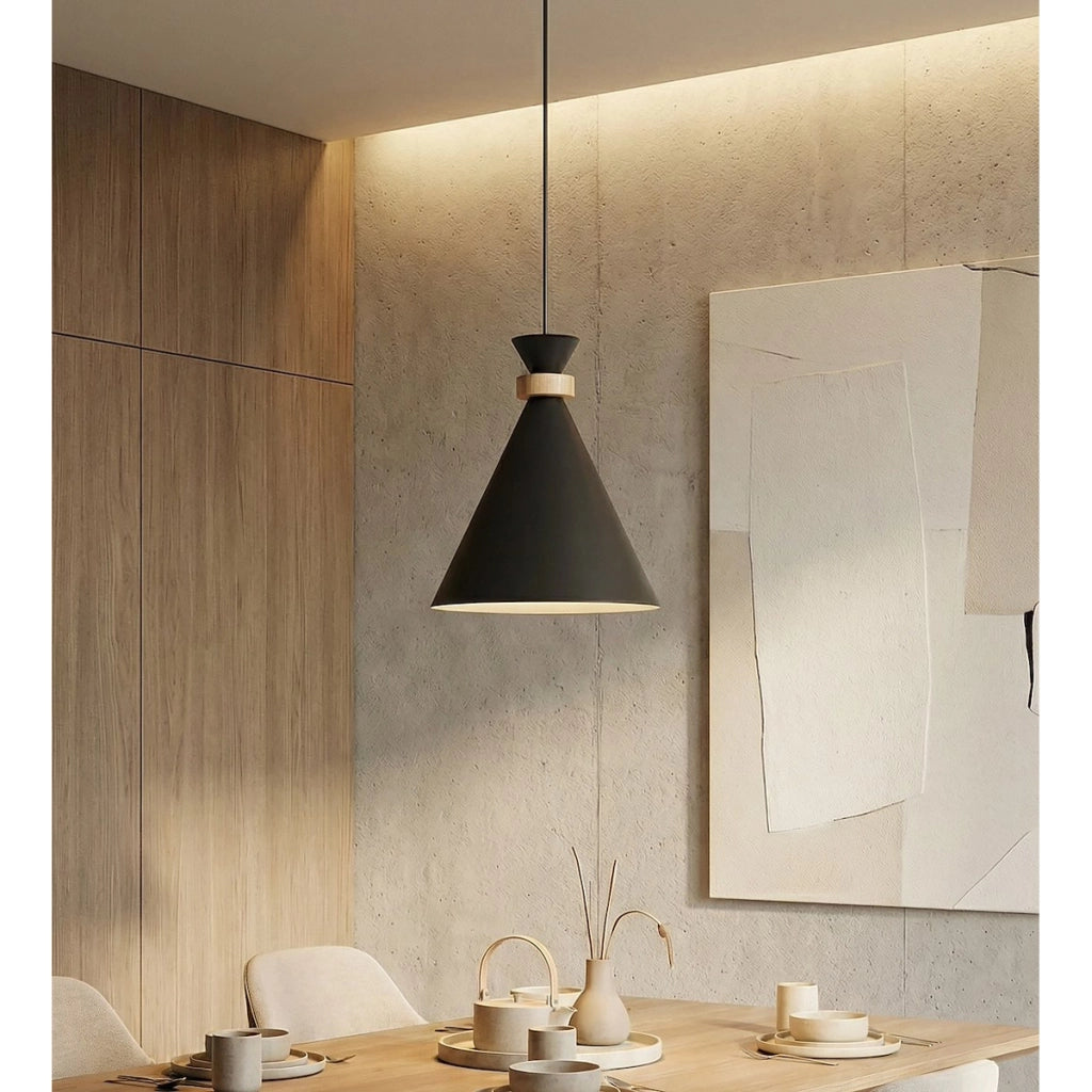 Lampada a sospensione ZERO in acciaio nero e legno