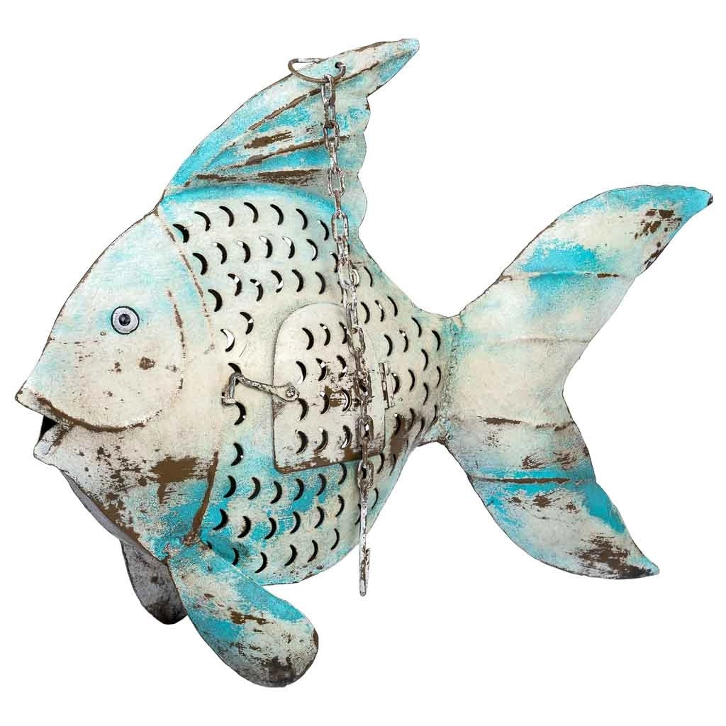 Portacandele in metallo invecchiato blu a forma di pesce, 56x10x42h cm