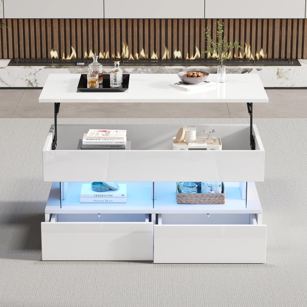Tavolino basso sollevabile con LED, 2 cassetti e vano nascosto, per soggiorno, 100 × 50 × 46 cm, in MDF, bianco