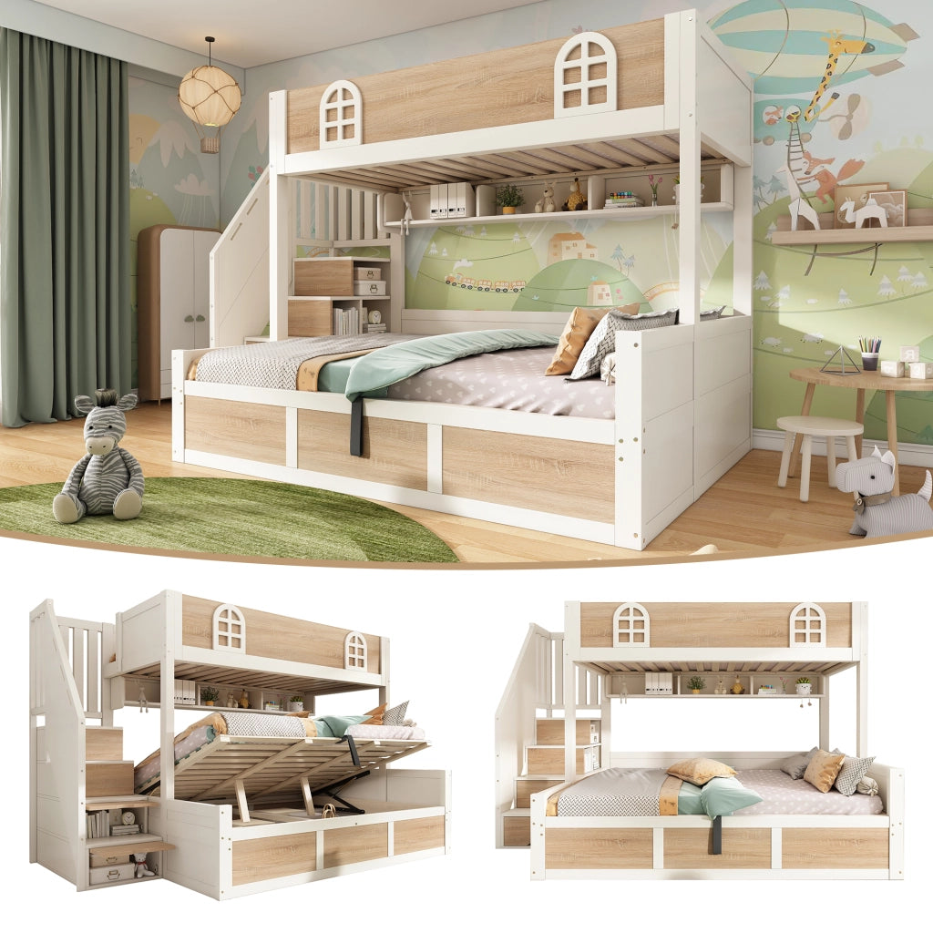 Letto a castello 90×200 cm e 140×200 cm con contenitore idraulico; scala con ripiani; senza materasso; legno; bianco e naturale