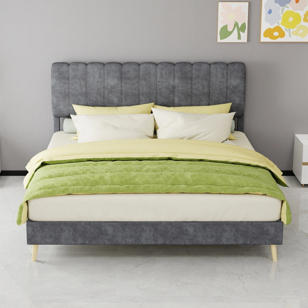 Letto 180x200 cm beige in lino con contenitore， LED e USB， senza materasso