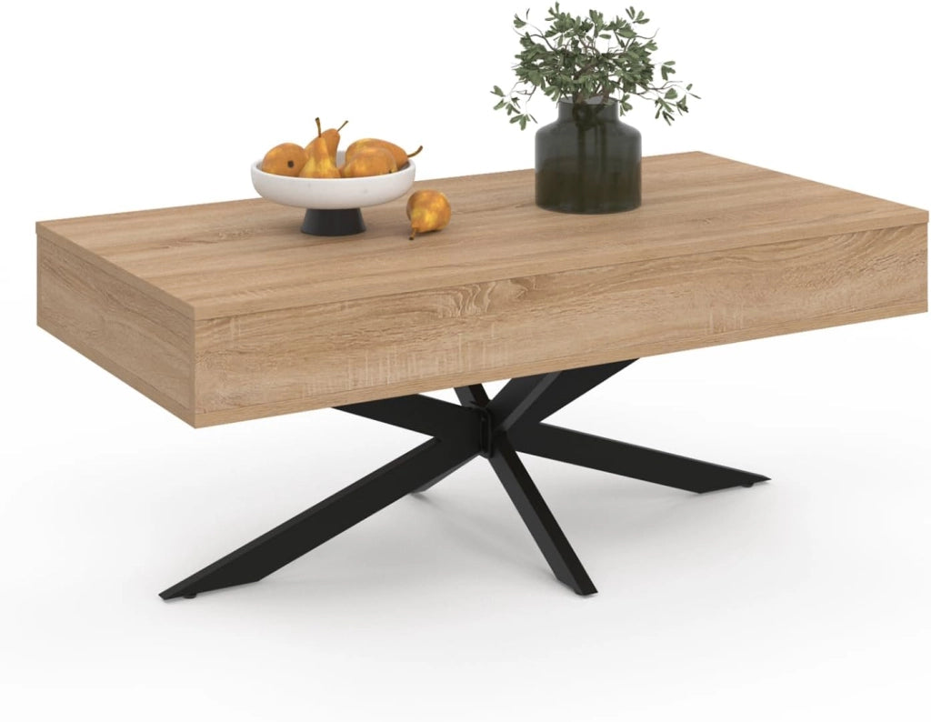 Tavolino rettangolare ALIX da 100 cm con piano sollevabile e gambe a ragno in legno e nero