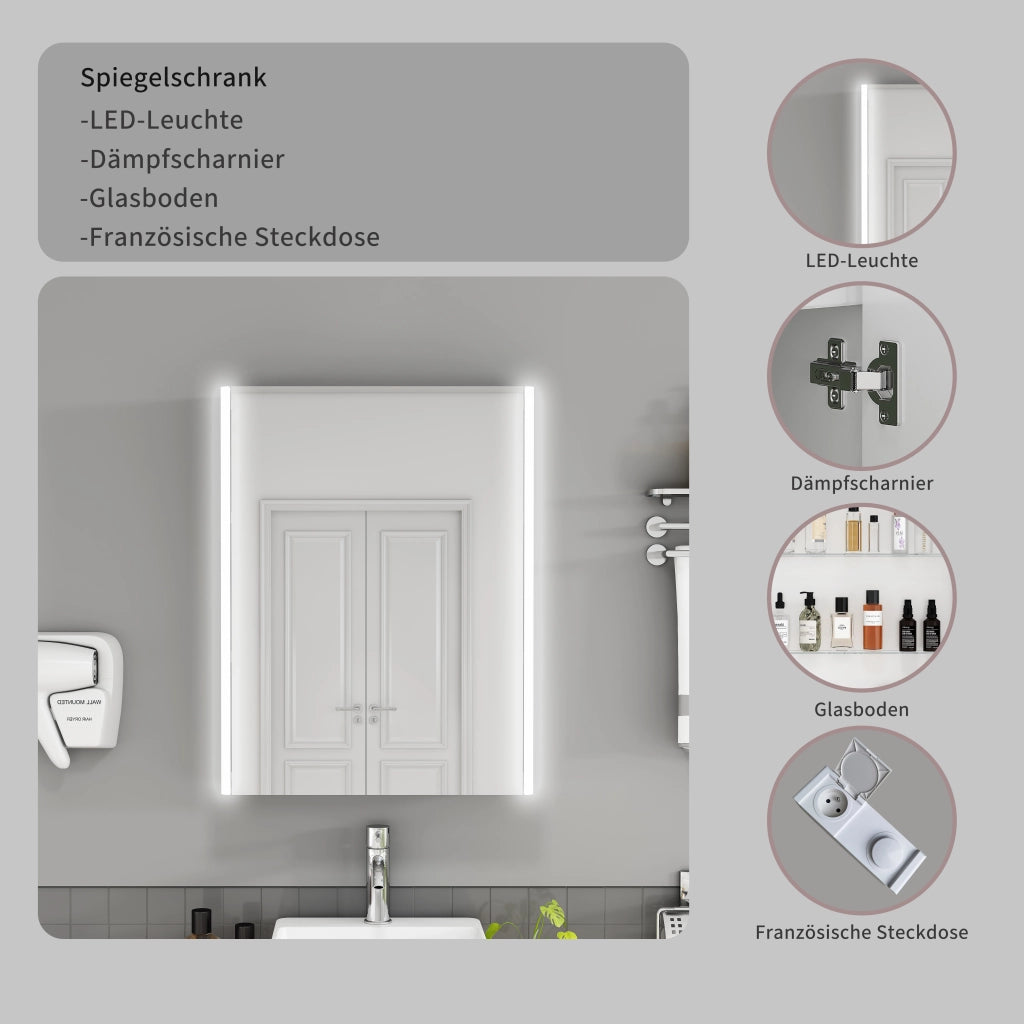 Mobile con specchio con 1 anta, LED e presa francese - per bagno - bianco