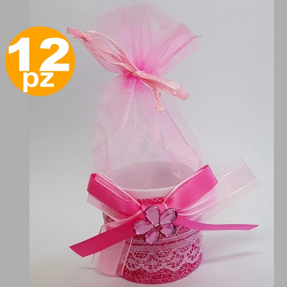 Trade Shop - Bomboniera Scatolina Rosa Fiore Sacchetto Organza Portaconfetti Nascita Battesimo -