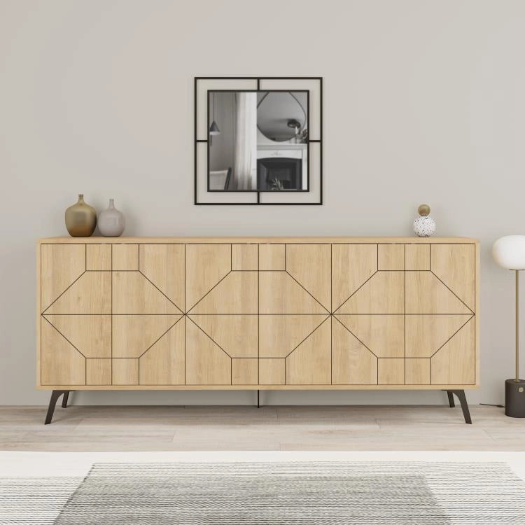 Madia con 6 Ante Credenza 184x35x77,4 cm Design Geometrico Moderno in Legno Rovere Quercia