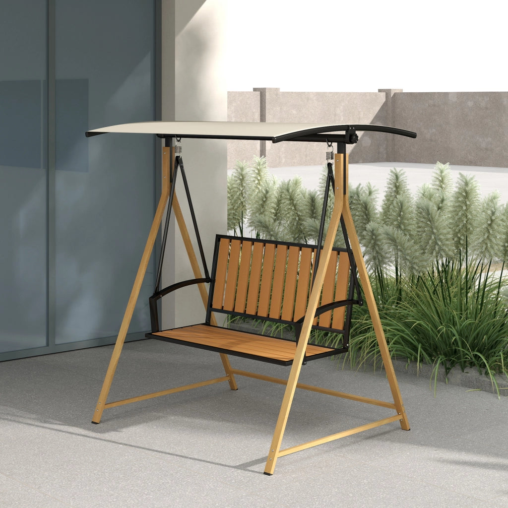Sedia a dondolo da giardino 2 posti ¨C zephmum ¨C struttura in metallo, legno naturale, beige, 142x112x162 cm