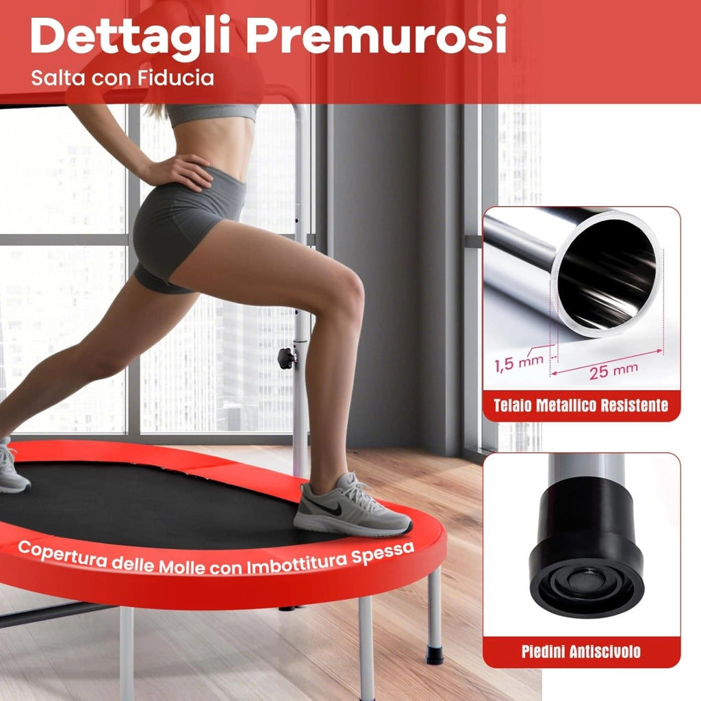 Trampolino Elastico da Interno ed Esterno, Tappetino Elastico Pieghevole per Adulti e Bambini con Maniglia Regolabile, Molle e Cuscinetto di Sicurezza, Trampolino Ovale per 2 Persone
